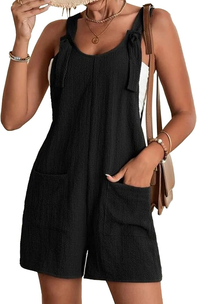Ainangua Women's Casual Loose Sleeveless Jumpsuit Shorts Linen Adjustable Knot Strap Short Overal... | Amazon (US)