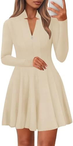 Lazysmile Fall Dresses for Women 2025 Long Sleeve V Neck Half Zip A Line Swing Casual Party Club ... | Amazon (US)