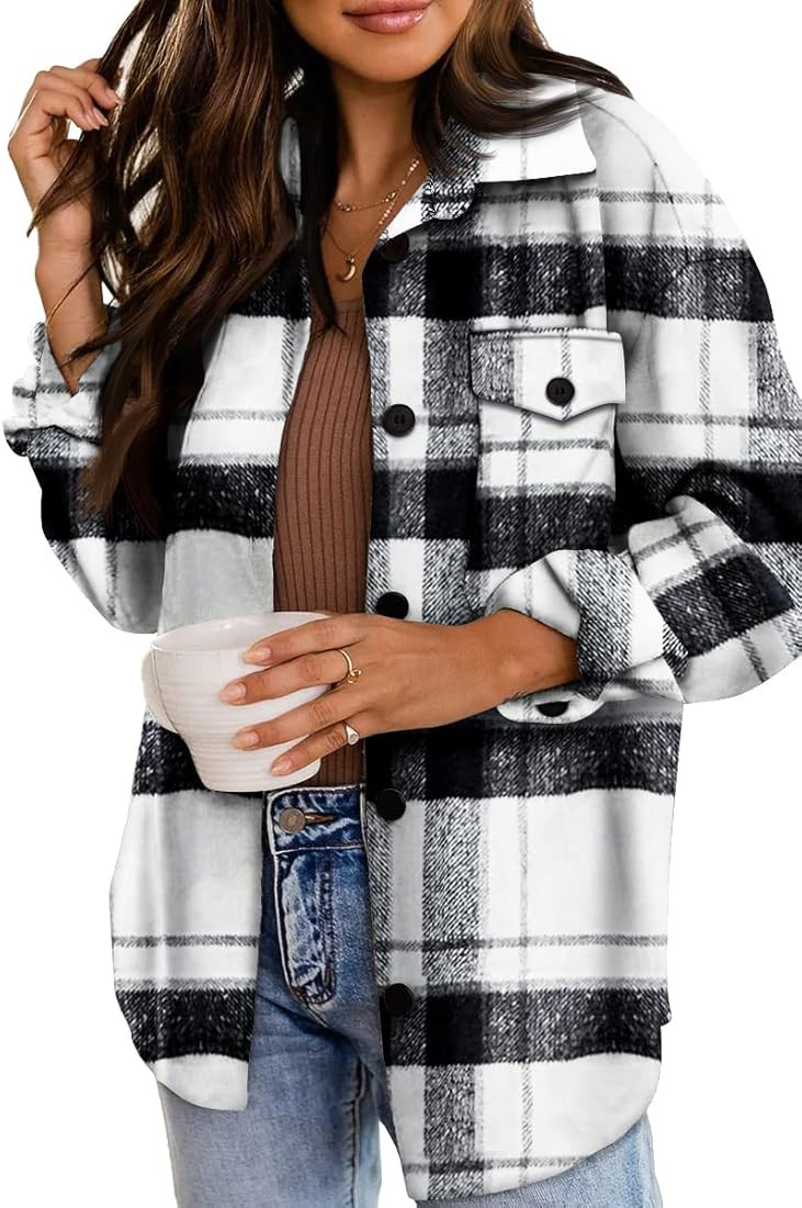 AUTOMET Womens Casual Plaid Shacket Wool Blend Button Down Long Sleeve Shirt Fall Jacket Shackets | Amazon (US)