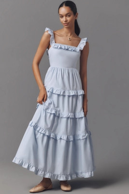 English Factory Square-Neck Tiered Ruffle Midi Dress | Anthropologie (US)