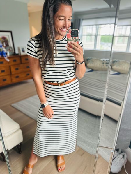 Perfect for a chic and comfortable day out! This stylish look features a classic Spanx striped dress, paired with a sleek Madewell belt. Complementing the look are cozy Franco Sarto sandals and elegant hoops from Evereve, making this outfit ideal for any summer outing.

#LTKBeauty #LTKStyleTip #LTKSeasonal