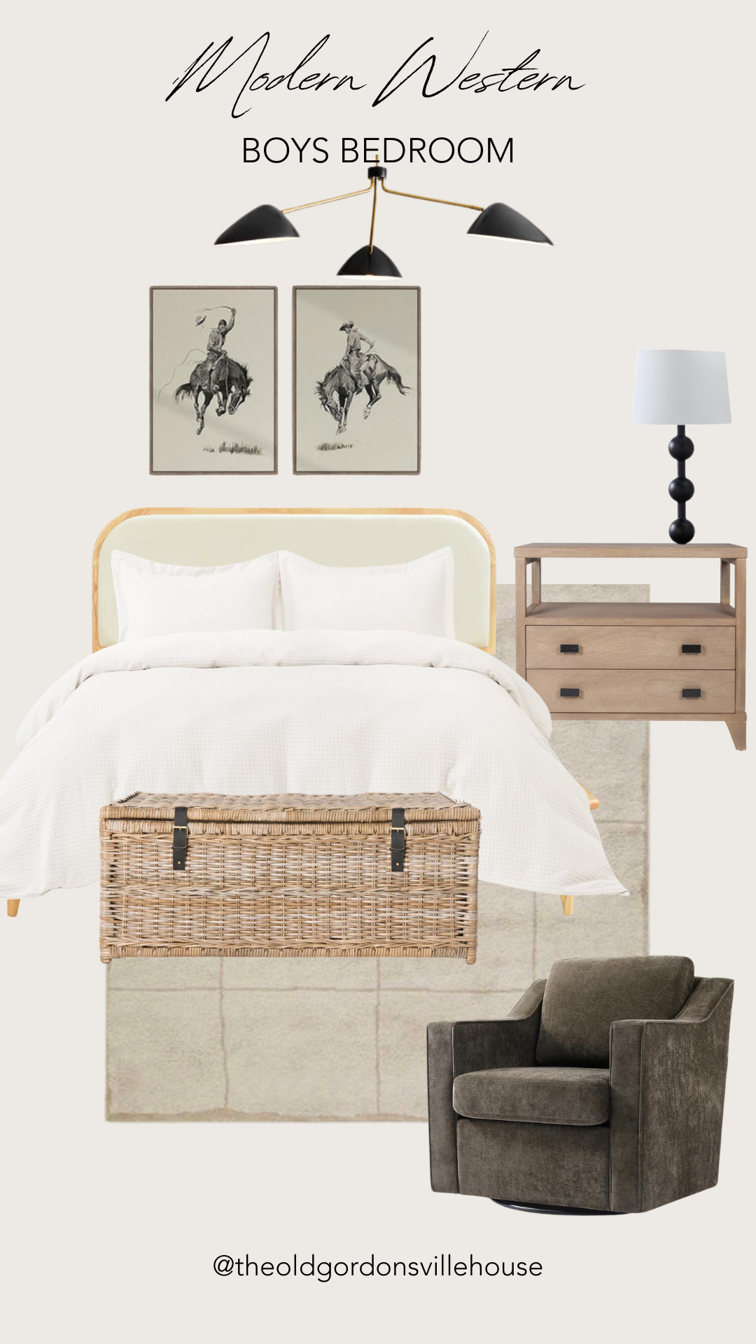 Modern Western Boys Room
 
bed, rug, bedding, nightstand, lamp, accent chair, swivel chair, chandelier, wicker trunk, neutral, rustic, home decor 

 #LTKHome #LTKSaleAlert