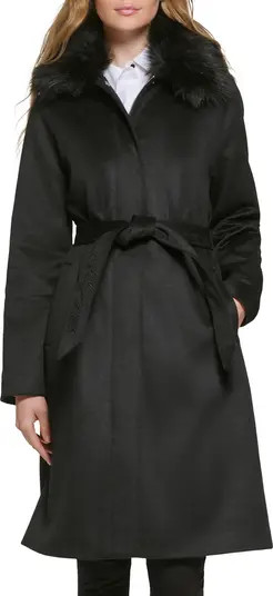 Karl Lagerfeld Paris Luxe Belted Twill Wool Blend Coat with Removable Faux Fur Collar | Nordstrom | Nordstrom
