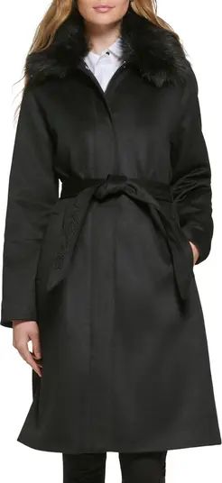 Karl Lagerfeld Paris Luxe Belted Twill Wool Blend Coat with Removable Faux Fur Collar | Nordstrom | Nordstrom