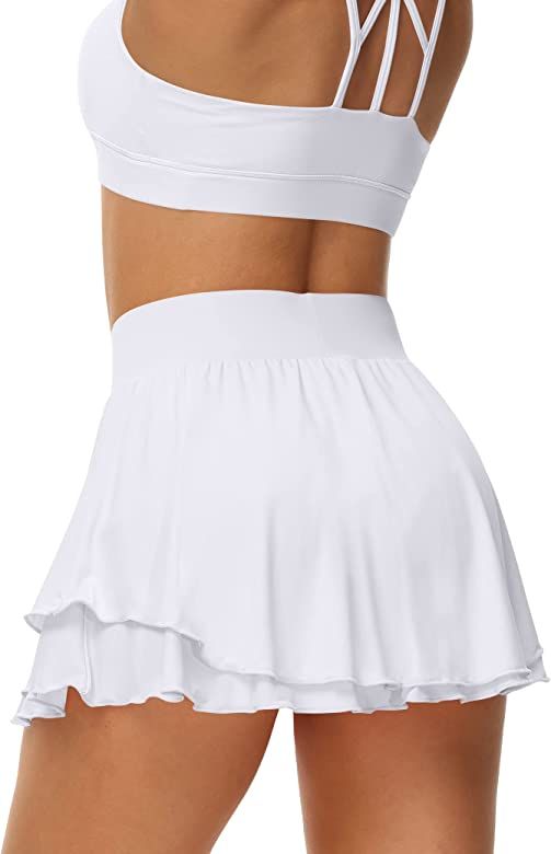 UrKeuf Women's Athletic Tennis Skirts with Pockets 13in Ruffle Golf Running Workout Ice Silk Flowy S | Amazon (US)