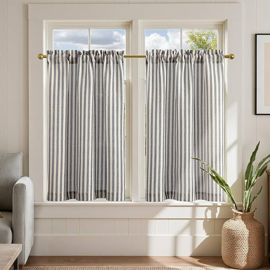 jinchan Striped Linen Kitchen Curtains 36 Inches Tier Curtains Farmhouse Modern Cafe Style Small ... | Amazon (US)