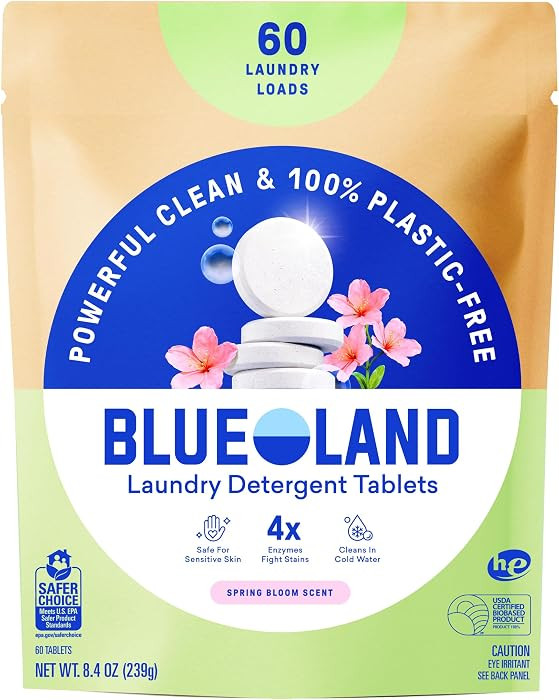 BLUELAND Laundry Detergent Tablets, 60 Count, Spring Bloom Scent, Plastic-Free Eco-Friendly Pods,... | Amazon (US)
