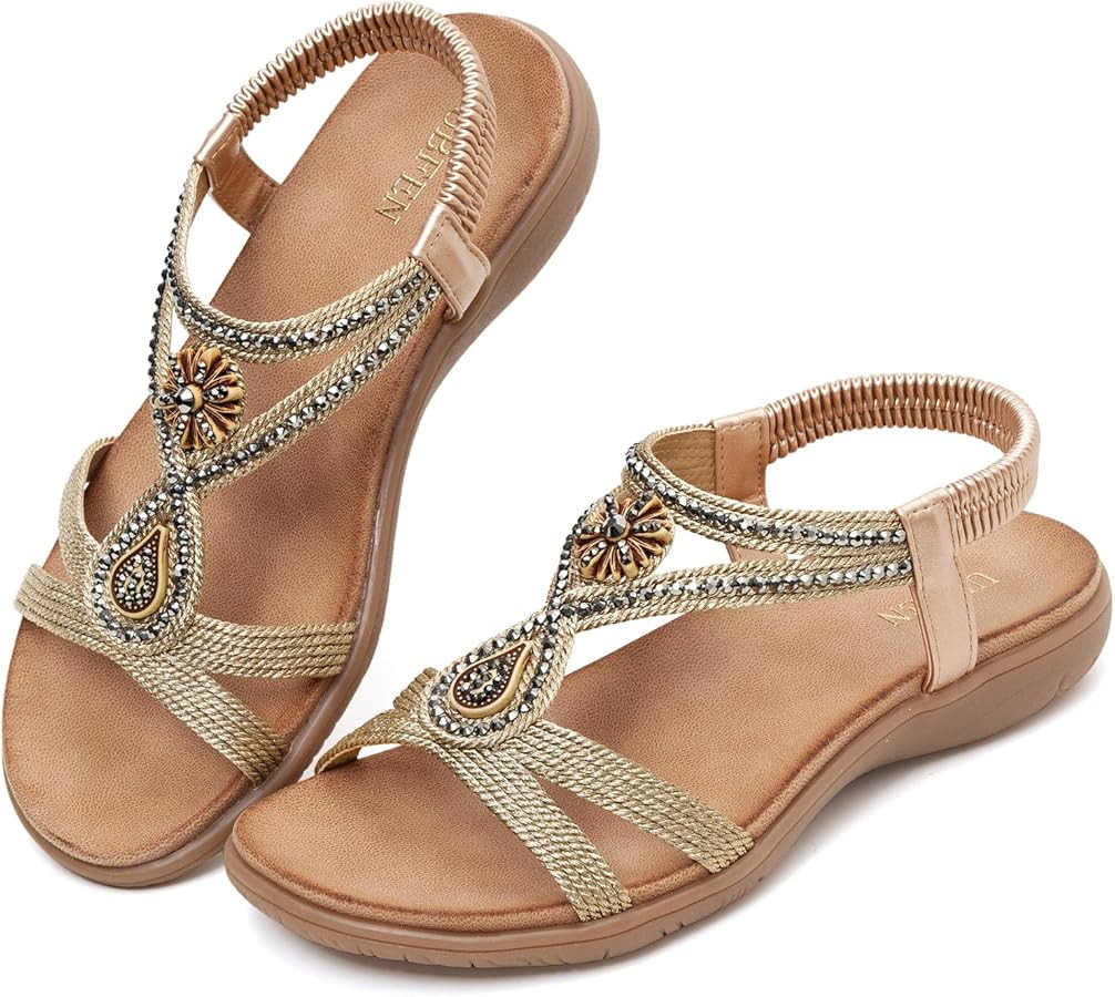 UBFEN Womens Bohemian Flat Sandals Dressy Comfortable Beach Shoes Summer Causal Vacation | Amazon (US)