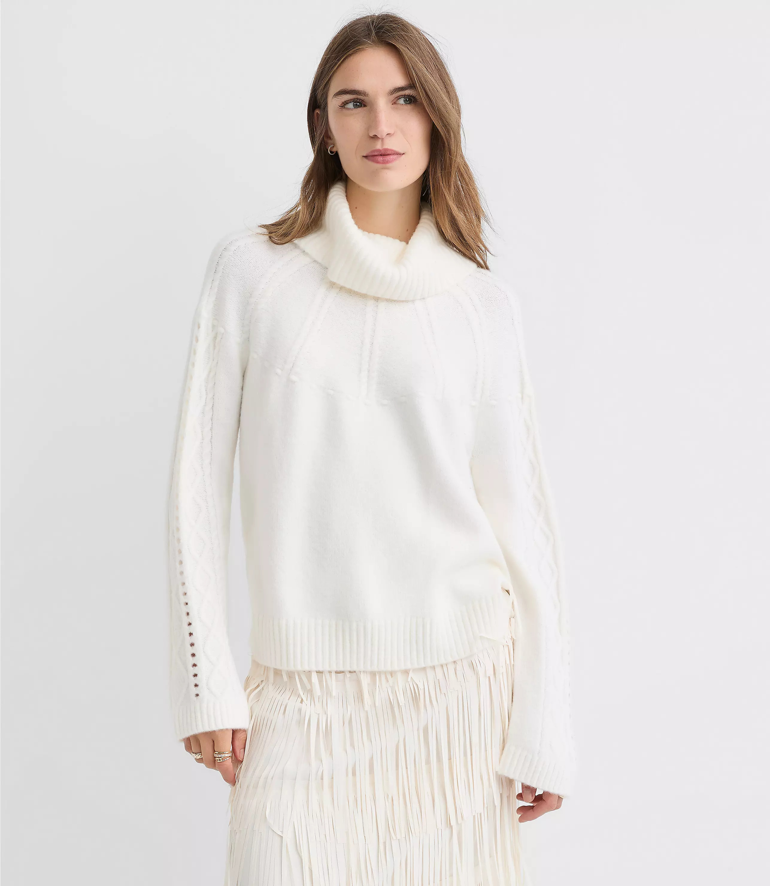 Pointelle Turtleneck Cable Sweater | LOFT