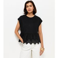 Women's Black Broderie Anglaise Hem T-Shirt New Look | New Look (UK)