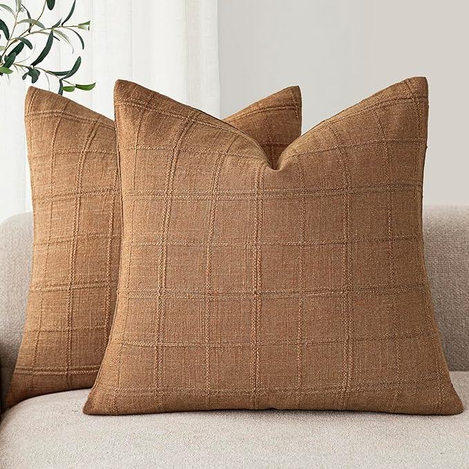 Foindtower Set of 2 Decorative Linen Check Throw Pillow Covers Neutral Farmhouse Vintage Cushion ... | Amazon (US)