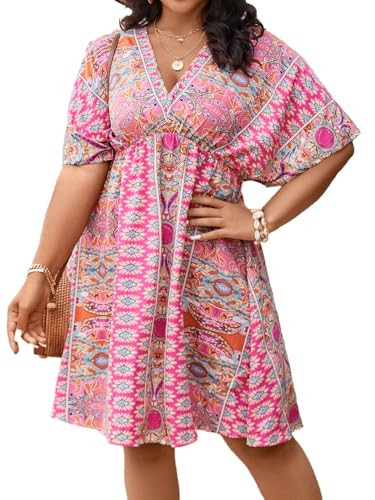 Floerns Women's Plus Size Wrap V Neck Short Sleeve Ruffle Hem A Line Short Dress Pink Tribal 2XL | Amazon (US)
