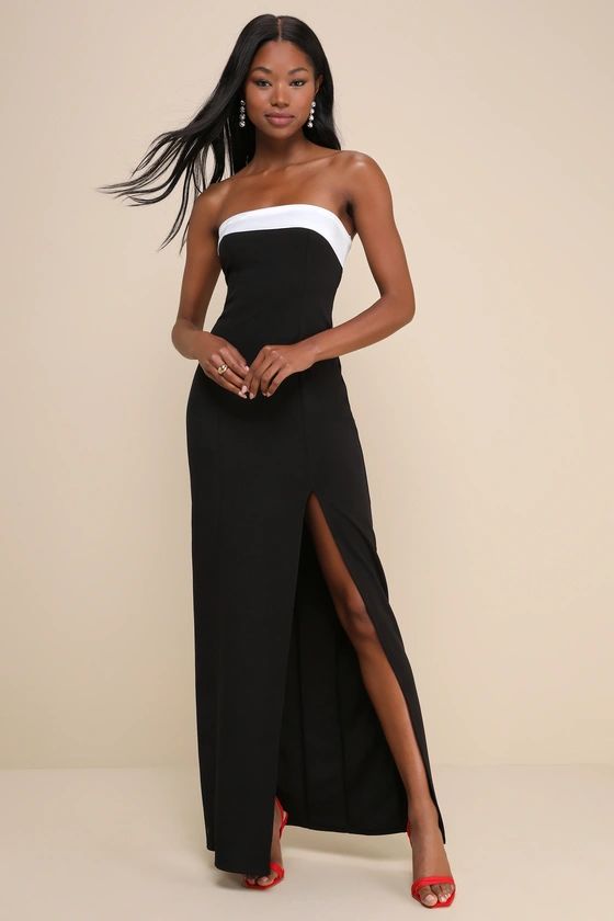 Black Color Block Strapless Maxi Dress | Black Tie Optional Wedding Guest Dress | Lulus