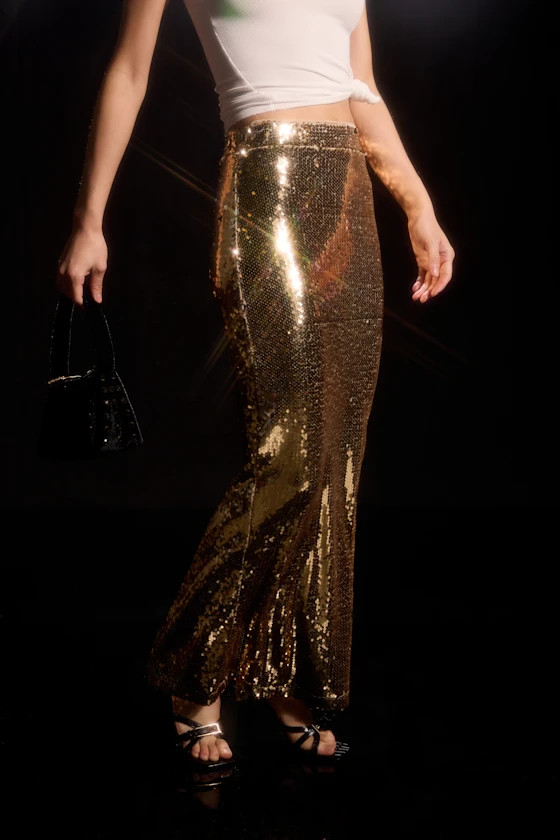 Dazzling Appearance Gold Sequin High-Rise Midi Skirt | Lulus