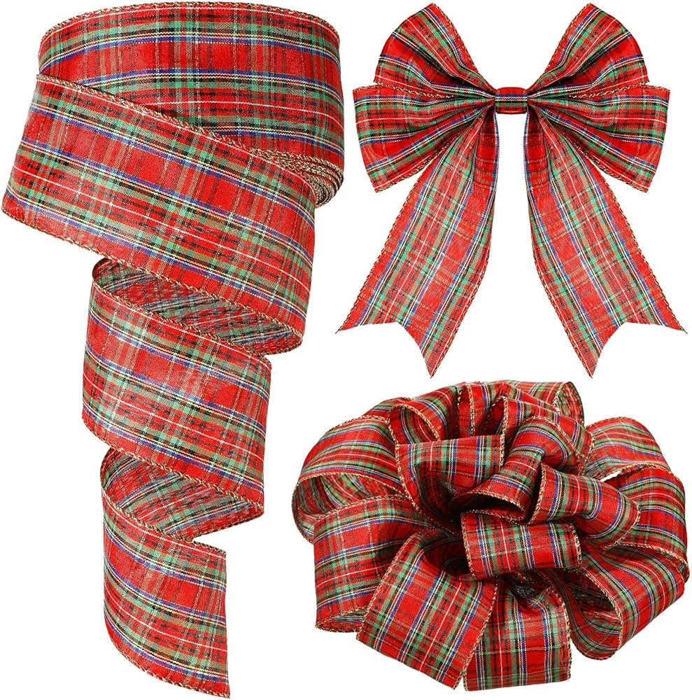 Yinder Plaid Christmas Wired Ribbon 2.5 Inch 50 Yard Traditional Red Tartan Plaid Christmas Holid... | Amazon (US)