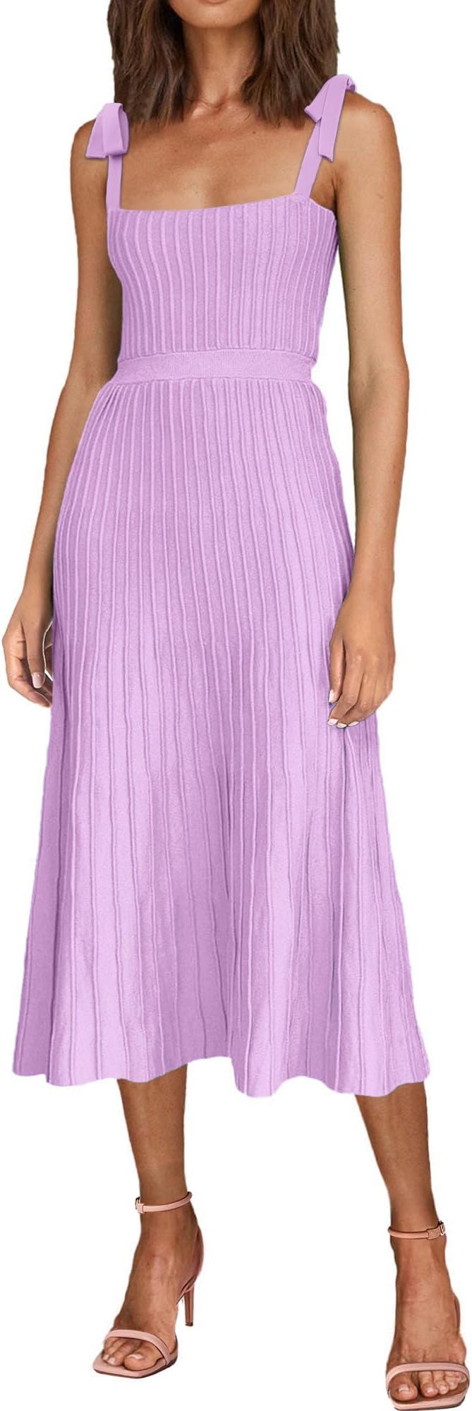 Women's 2024 Summer Maxi Dresses Tie Spaghetti Strap Square Neck Ribbed Knit Dress | Amazon (US)