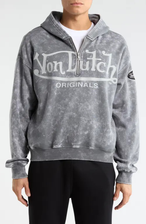 Von Dutch Oversize Crop Quarter Zip Fleece Hoodie in Dark Grey Mineral Wash at Nordstrom, Size Large | Nordstrom