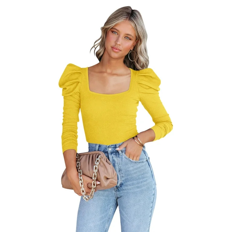 REORIA Womens Puff Long Sleeve Bodysuit Ribbed Square Neck Slimming Thong Tops - Walmart.com | Walmart (US)