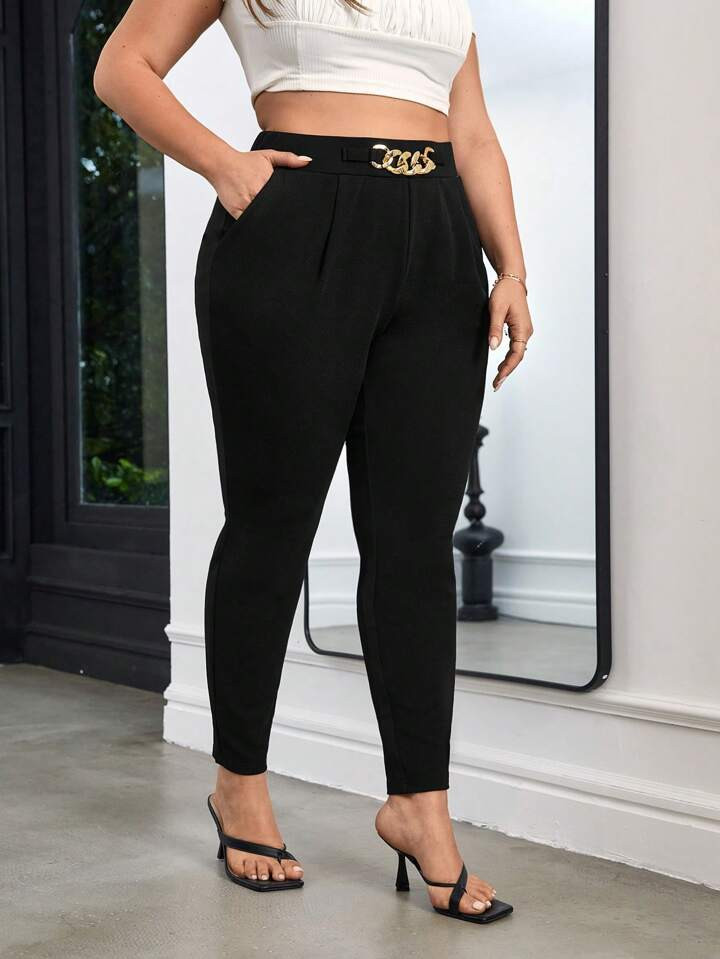 SHEIN Privé Plus Chain Detail Fold Pleated Pants | SHEIN