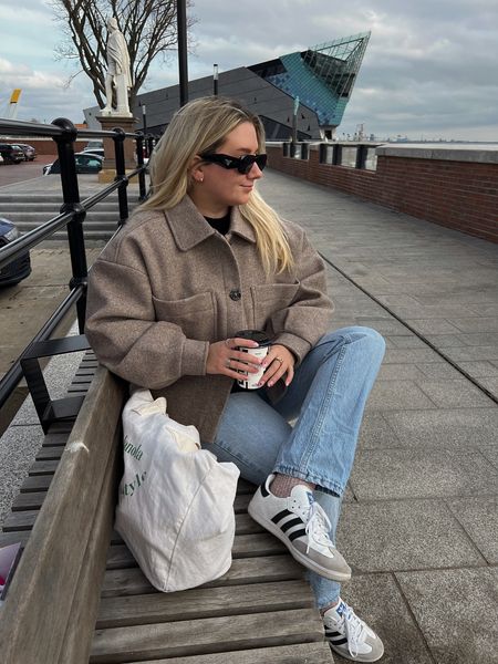 spring transitional outfit featuring an oversized boxy shacket/jacket, straight leg blue jeans, adidas samba trainers, adanola tote bag and prada sunglasses 

#LTKeurope #LTKstyletip #LTKsalealert