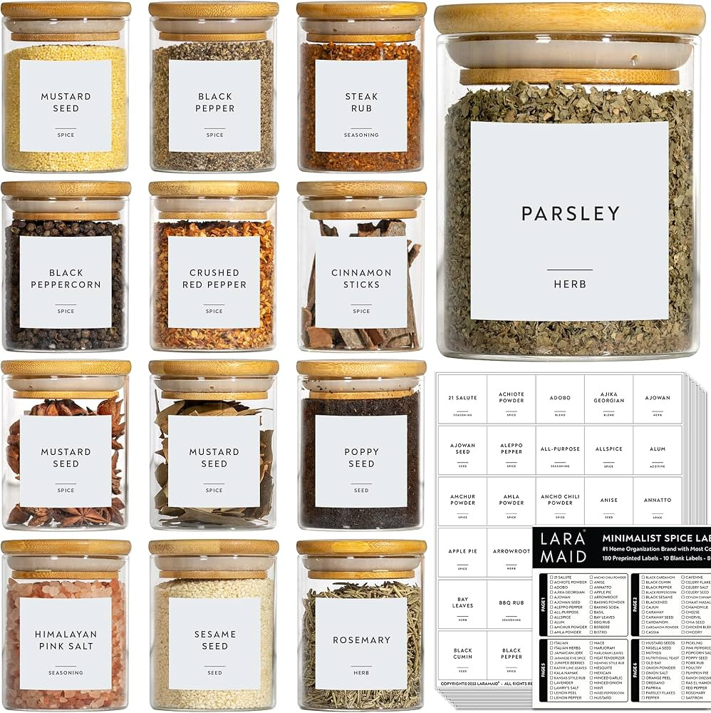 Laramaid 6oz 12Packs Glass Jars Set, Cylinder Spice Jars with Bamboo Lids and Customized Labels, ... | Amazon (US)