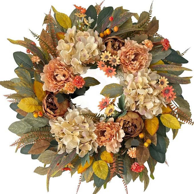 24 Inch Fall Hydrangea Peony Wreath for Front Door | Autumn Harvest berries, Thanksgiving porch w... | Amazon (US)