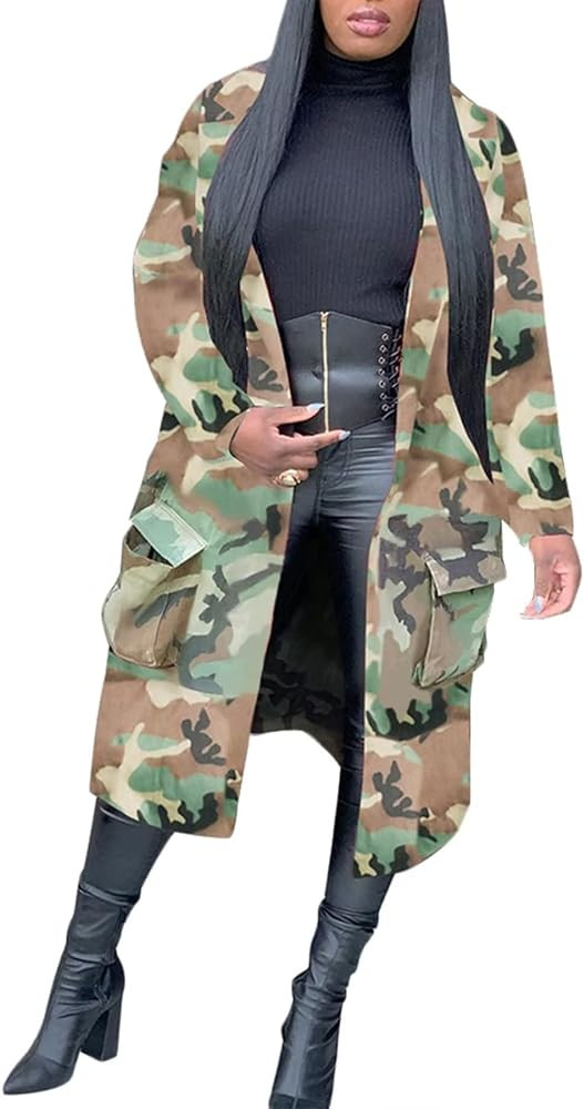 Sexy Camouflage Jacket for Women Army Fatigue Long Cargo Jackets Trench Coat Plus Size | Amazon (US)
