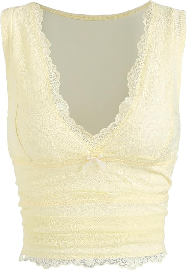 CIDER Lace Crop Tank Tops for Women Summer V Neck Sleeveless Going Out Tops Ruched Sexy Tee Trend... | Amazon (US)