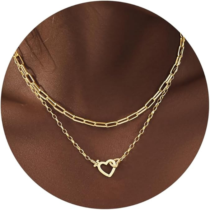 Chunky Gold Necklaces for Women Layered 14k Gold Silver Plated Heart Pearl Pendant Choker Necklac... | Amazon (US)