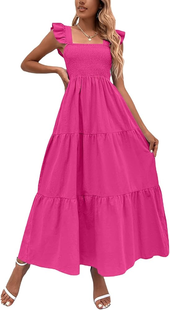 MakeMeChic Women's Summer Boho Dress Floral Print Spaghetti Strap Square Neck Shirred Maxi Dress ... | Amazon (US)
