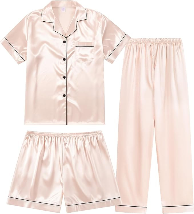 3 Piece Silk Satin Pajama Set for Women Soft Short Sleeve Button Down Pjs with Shorts Long Pants ... | Amazon (US)