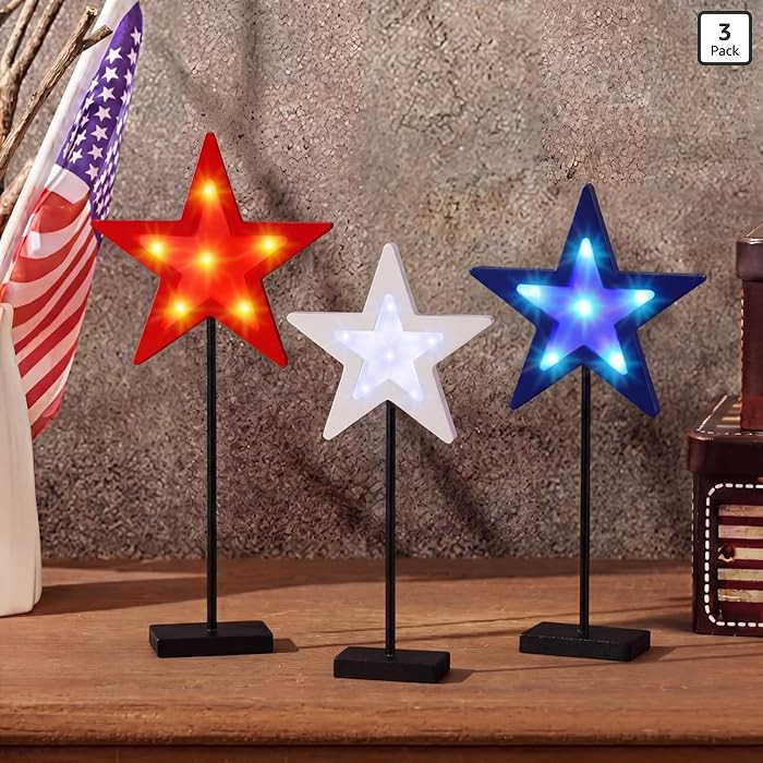 3 Pcs 4th of July Table Decorations Standing Star Block Set Patriotic LED Centerpieces Red White ... | Amazon (US)