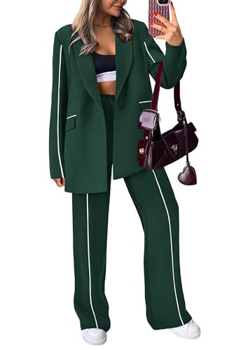 PRETTYGARDEN Women's Fall Spring 2 Piece Blazer Outfits Business Casual Oversized Jacket Wide Leg Work Pants Dressy Suit Set (Dark Green,XX-Large) | Amazon (US)