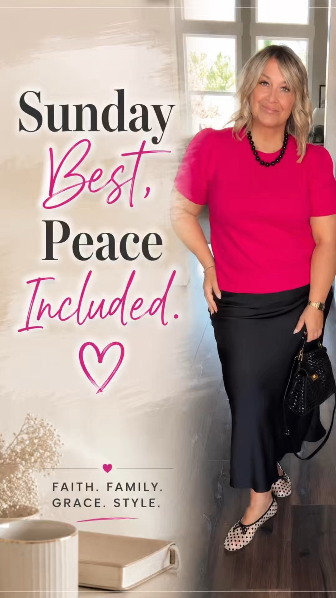 There’s something special about getting dressed for church on Sunday. It isn’t about having the perfect outfit—it’s about preparing my heart for worship. 🤍

This week I paired a vibrant pink sweater with a classic black satin skirt and polka dot flats for a look that feels feminine, timeless, and comfortable. I love outfits that are easy to wear, flattering, and appropriate for church while still feeling like me.

What does your Sunday style look like? Do you dress up for church, keep it casual, or somewhere in between? I’d love to hear in the comments. 💗

Save this outfit for Sunday inspiration, and follow @AnyasLooks for more modest fashion, church outfits, and everyday style for women over 50.

church outfit ideas, Sunday best outfit, church fashion for women, modest outfit inspiration, over 50 fashion, midsize fashion, Sunday style, classy outfit ideas, feminine style, elegant everyday outfit, black satin skirt outfit, pink sweater outfit, church ready look, faith and fashion, women over 50 style, midsize style inspiration, classic wardrobe, timeless fashion, Sunday worship outfit, Anya’s Looks.