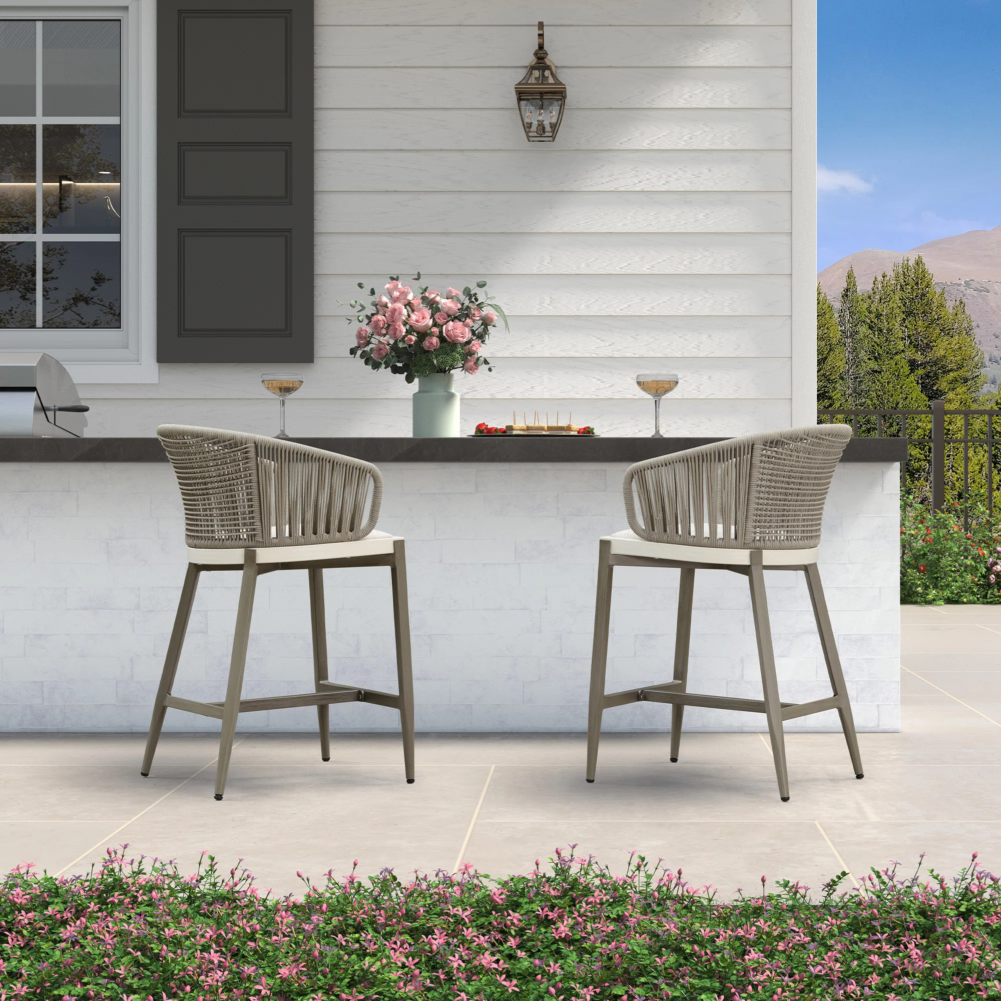 Outdoor Rattan Counter Height Bar Stools With Wicker Wraparound Back With Armrest | Wayfair North America