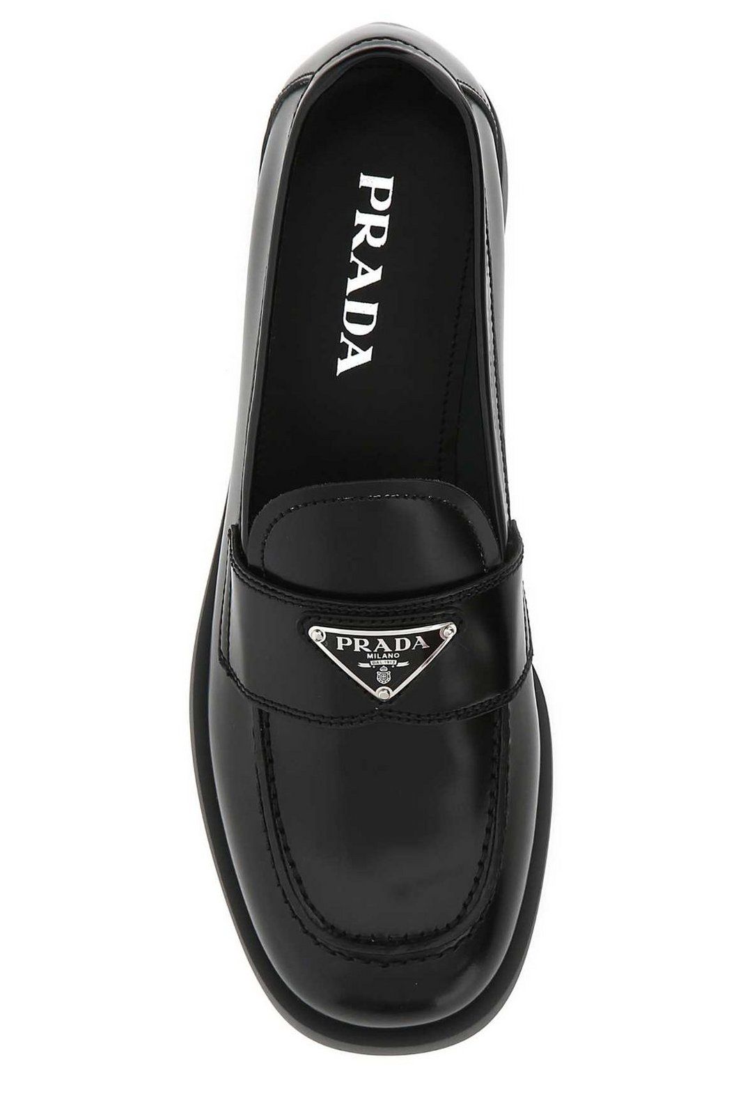 Prada Logo Plaque Moccasin Flat Shoes | Cettire Global