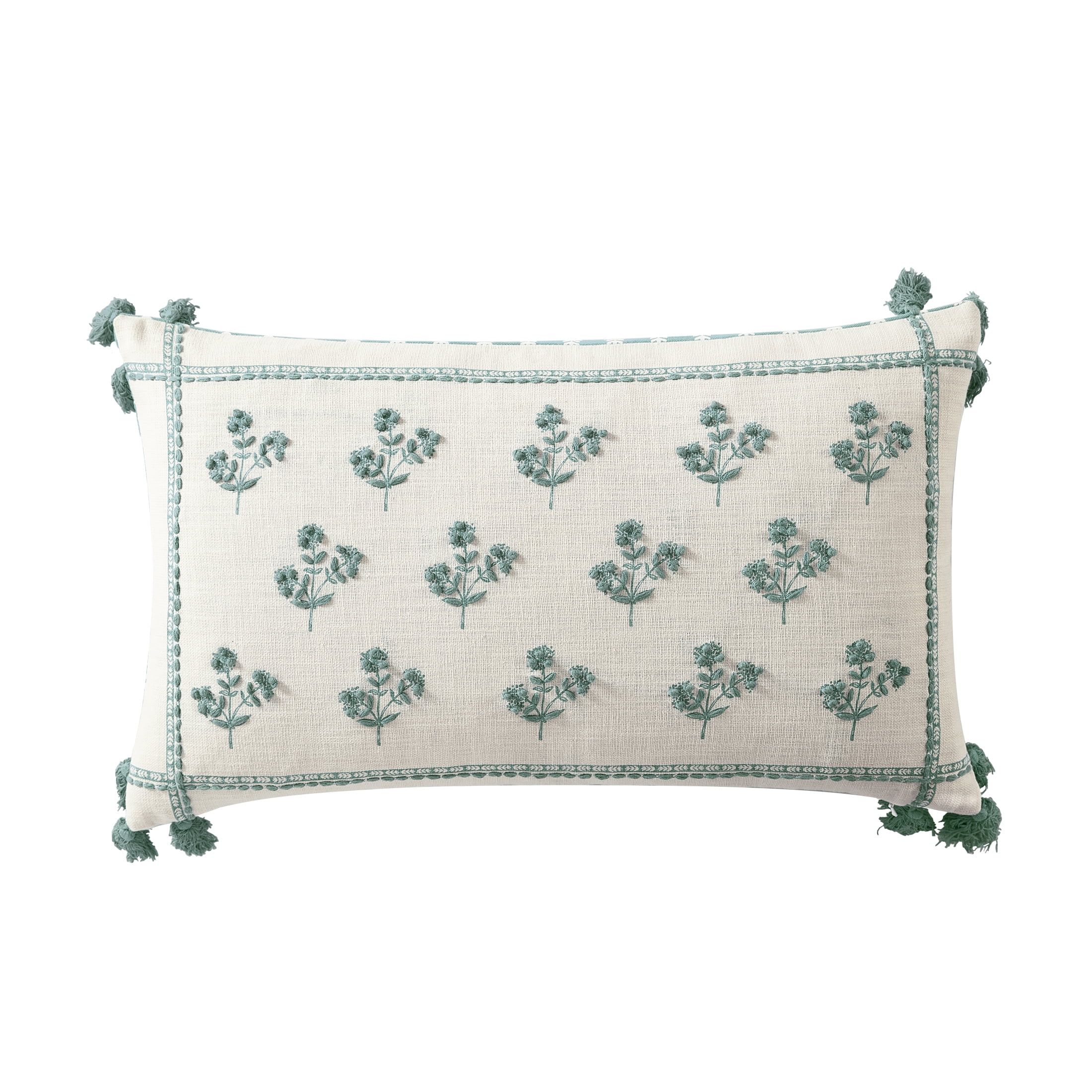 Better Homes & Gardens, Green Block Print Floral Decorative Pillow, Oblong, 14"x24", Green, 1 Pie... | Walmart (US)