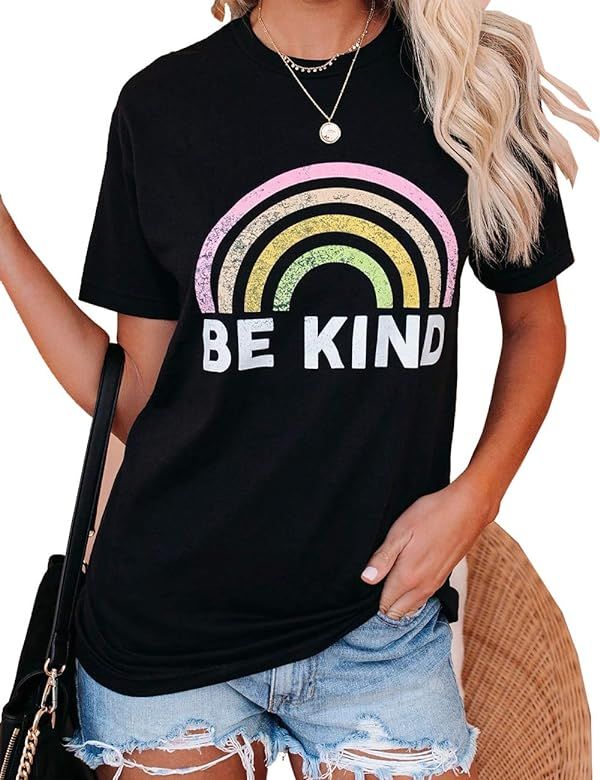 IRISGOD Womens Be Kind Tank Tops Casual Short Sleeve Rainbow Inspirational Graphic Tees Tops | Amazon (US)