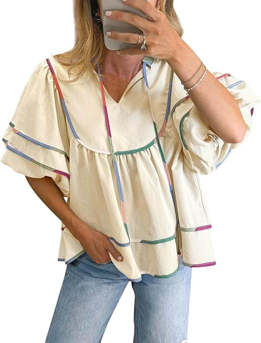 Cicy Bell Womens Summer Babydoll Tops V Neck Short Lantern Sleeve Shirts Cute Loose Fit Peplum Fl... | Amazon (US)