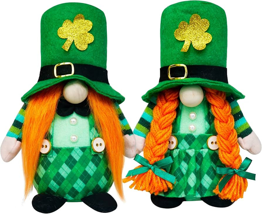 St Patricks Day Gnomes Decor, Green Buffalo Check Gnome Plush Hat with Clover,Faceless Elderly Ir... | Amazon (US)