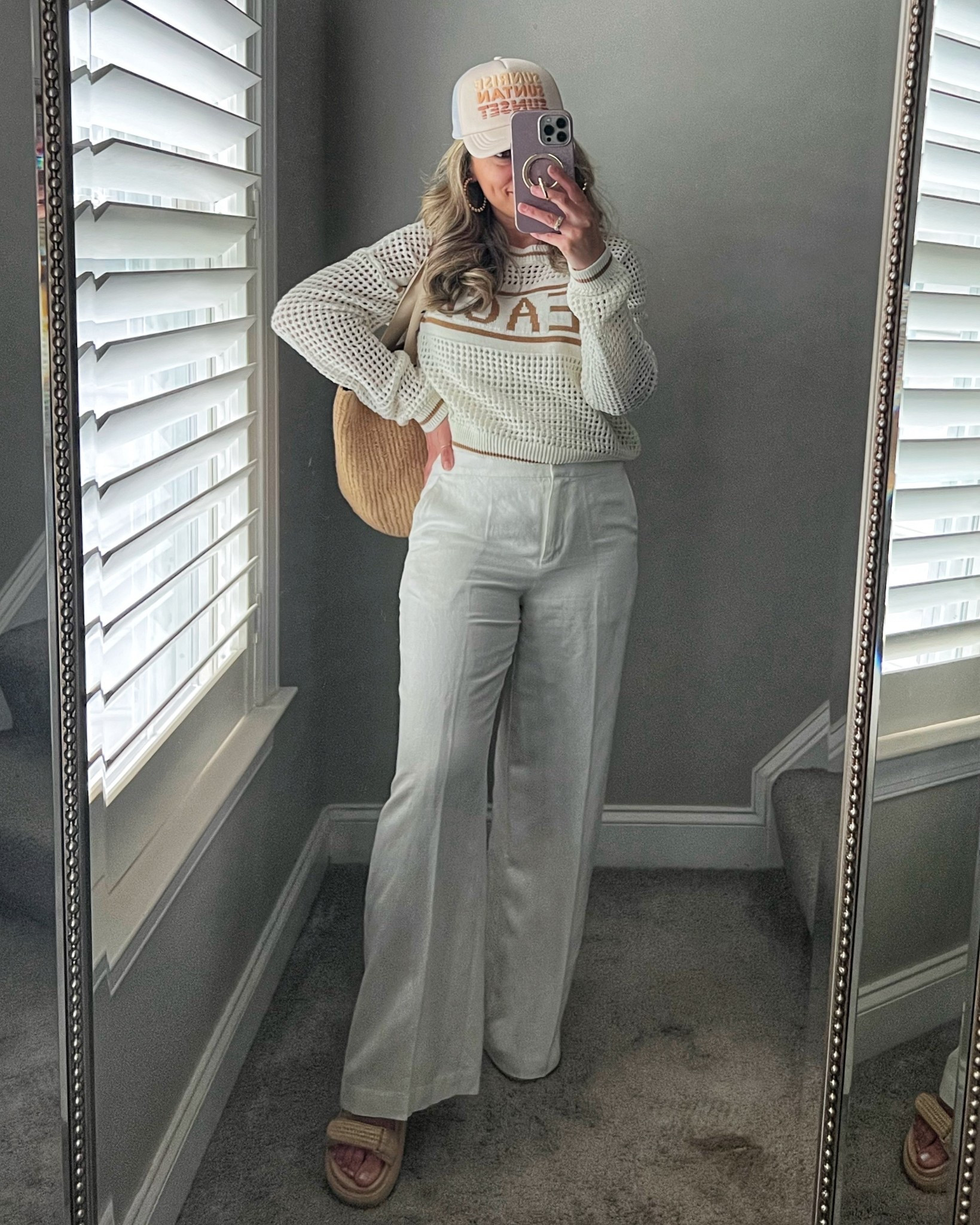 Summer outfit, white linen pants, summer sandals, raffia sandals, beach open stitch sweater 

#LTKSummerEdit #LTKShoeCrush #LTKTravel