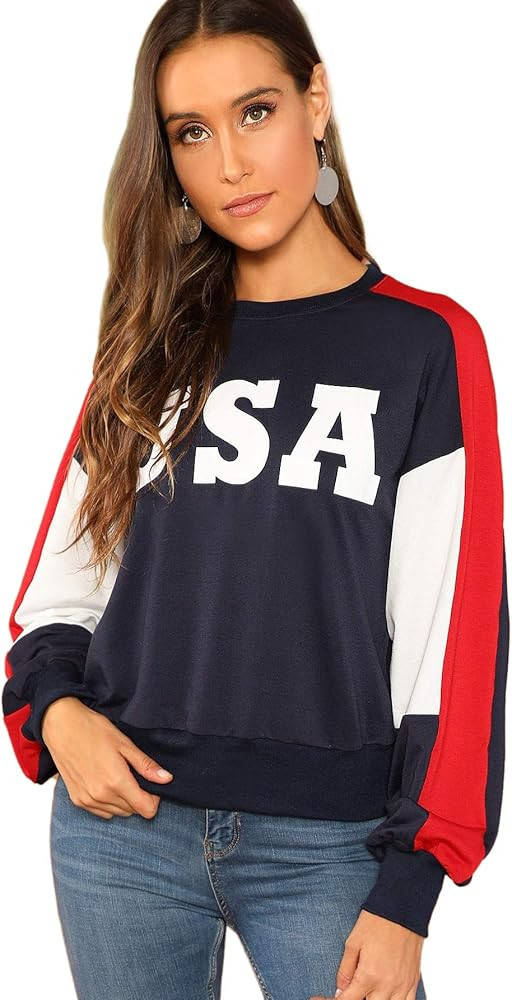 SweatyRocks Women's USA Print Color Block Shirt Top Long Sleeve Casual Pullovers Sweatshirt | Amazon (US)