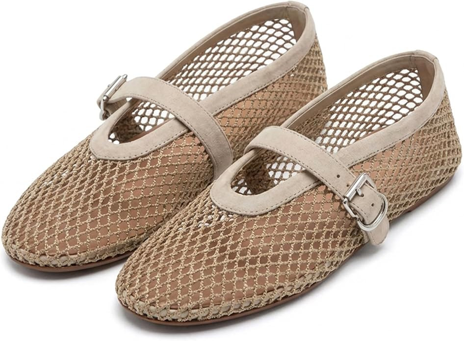 Women's Mesh Ballet Flats Buckle Strap Comfortable Ballerina Shoes Ladies Clear Fishnet Wide Widt... | Amazon (US)