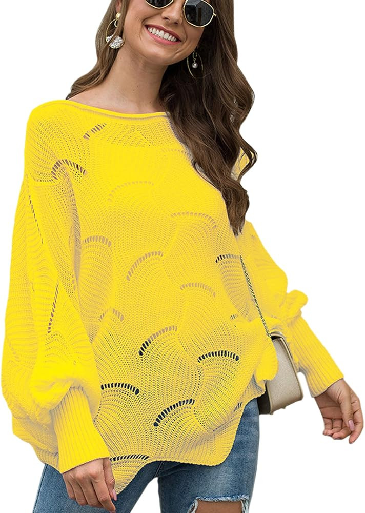 ECOWISH Women Sweater Oversized Lantern Sleeve Jumper Irregular Wave Hem Knitted Pullover Sweater... | Amazon (US)