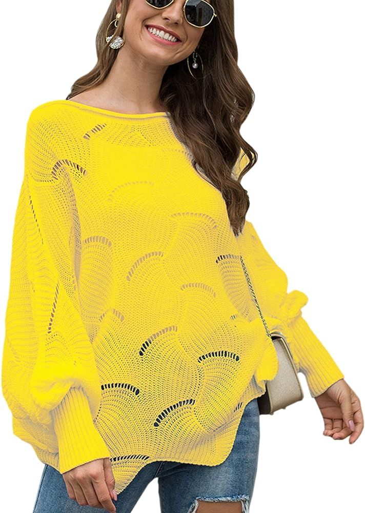ECOWISH Women Sweater Oversized Lantern Sleeve Jumper Irregular Wave Hem Knitted Pullover Sweater... | Amazon (US)