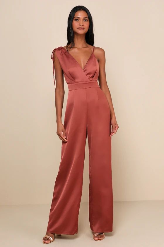 Look of Luxe Rusty Rose Satin Asymmetrical Wide-Leg Jumpsuit | Lulus