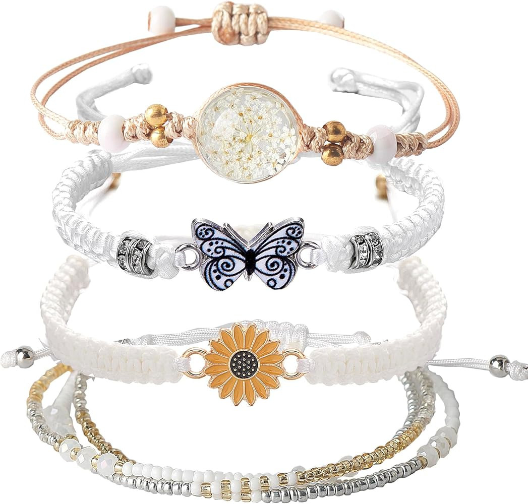 DS 4PCS String beads Charm Bracelets for Teen Girls Dainty cute cartoon Butterfly Daisy Eternal f... | Amazon (US)