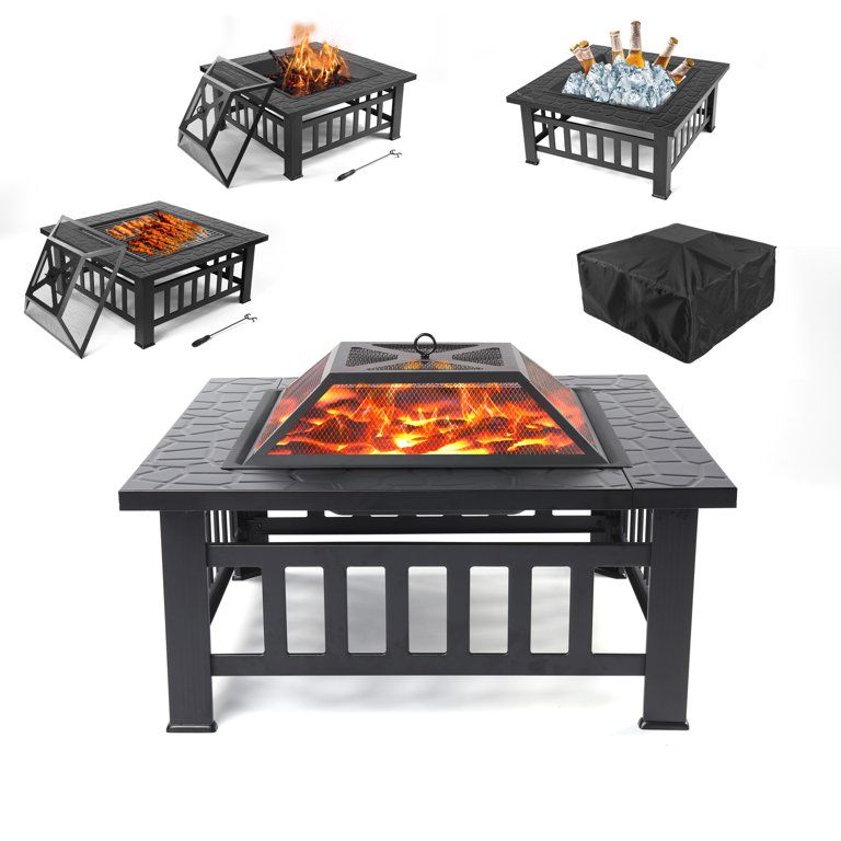Fire Pits for Outside, 32" Wood Burning Fire Pit Tables with Screen Lid, Poker, BBQ Net, Ice Tray... | Walmart (US)