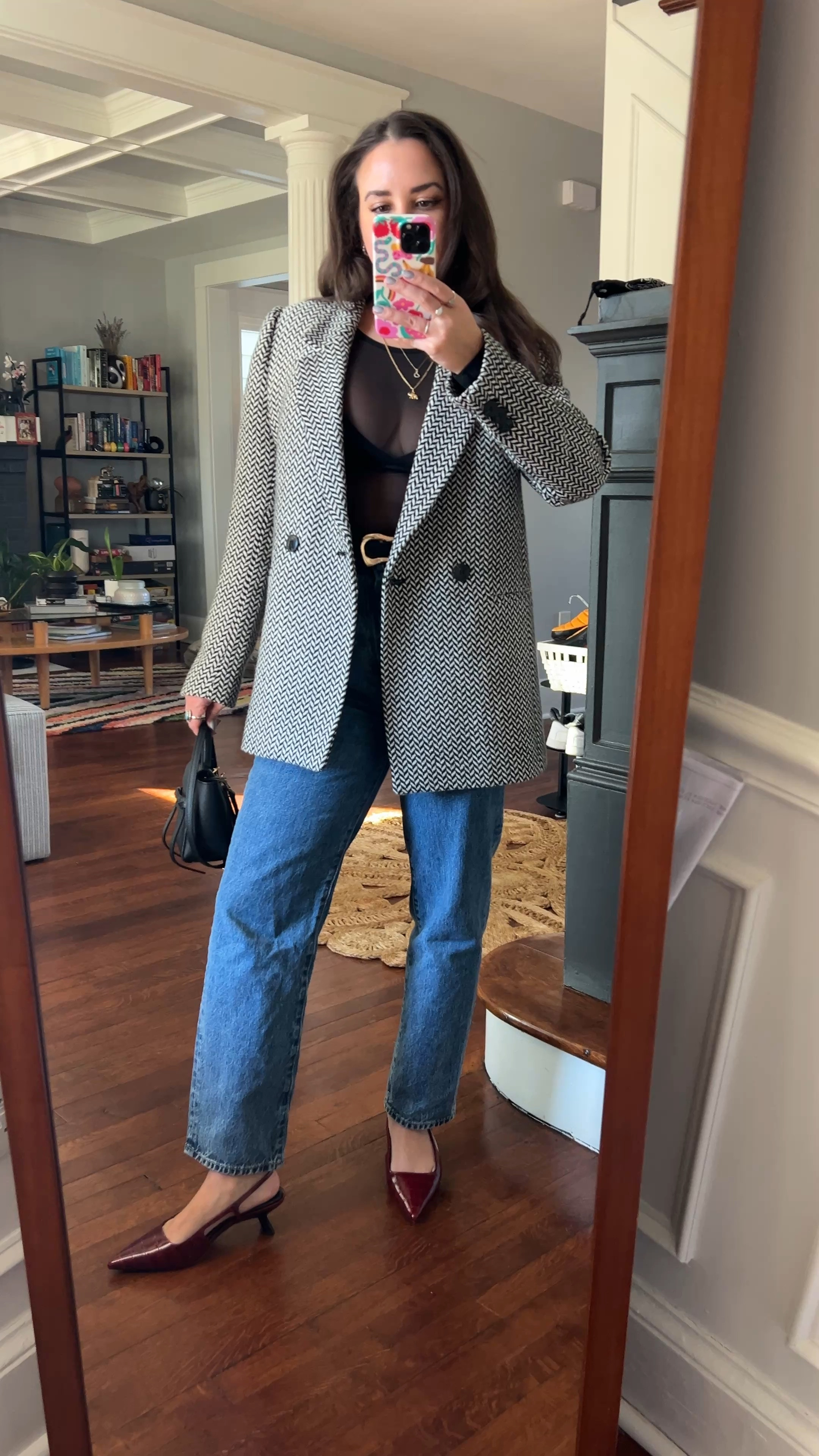 Sheer. Blazer. Kitten heels. Sling back. Houndstooth. Vince. Red heels. Denim. Slvrlake. Anine Bing.

#LTKFindsUnder50 #LTKWatchNow #LTKHoliday