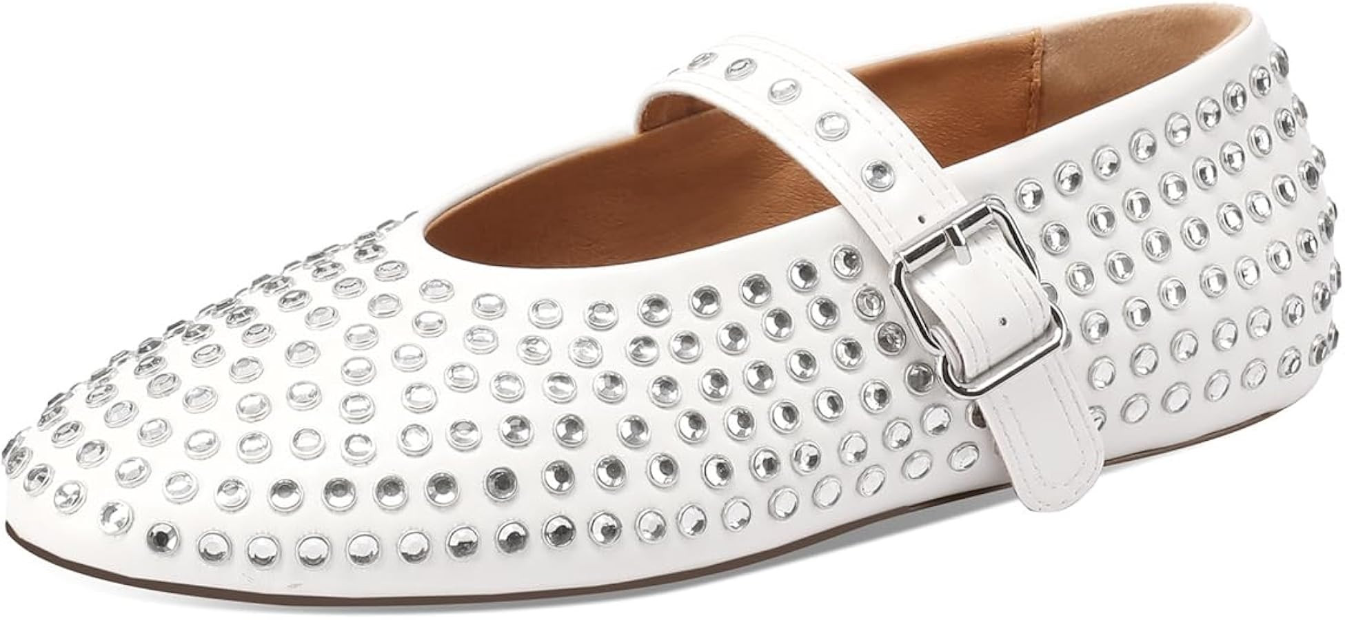 Women Rhinestones Ballet Buckle Flats Mary Jane Ballerina Square Toe Strap Shoes | Amazon (US)